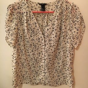 Cream Flutter-Sleeved Blouse with Black Polka Dots